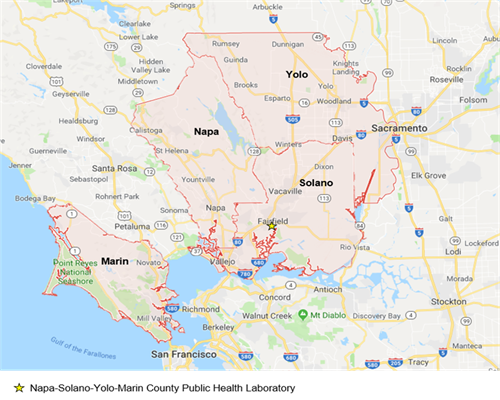 Map showing Napa, Solano, Yolo, and Marin counties; also location of the laboratory